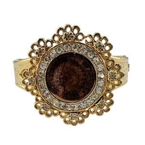Vintage 1898 Indian Head Penny WLP Rhinestone Gold Tone Hinge Bangle 7” Bracelet